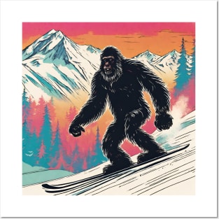 Funny Sasquatch Skiing in the Snow Winter Xmas Dad Posters and Art